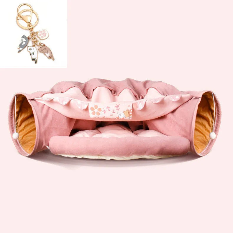 Collapsible cloth cat tunnel in bar, coffee, matcha, or pink colour, showing its 45cm length.
