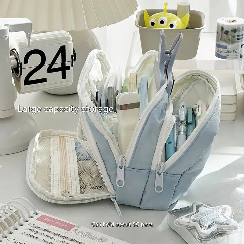 Double layer pencil case for exam stationery with gift handle in blue, cream, green or pink solid colours
