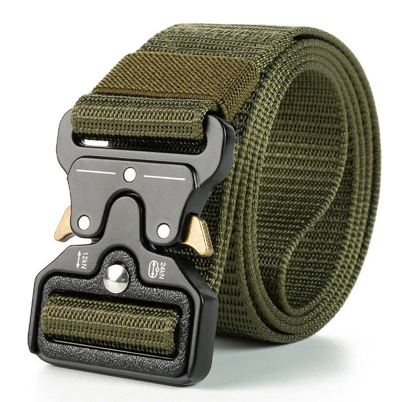 Men's canvas tactical belt in Army Green with an alloy release buckle, showing weave detail and length.