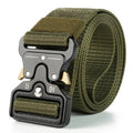 Men's canvas tactical belt in Army Green with an alloy release buckle, showing weave detail and length.