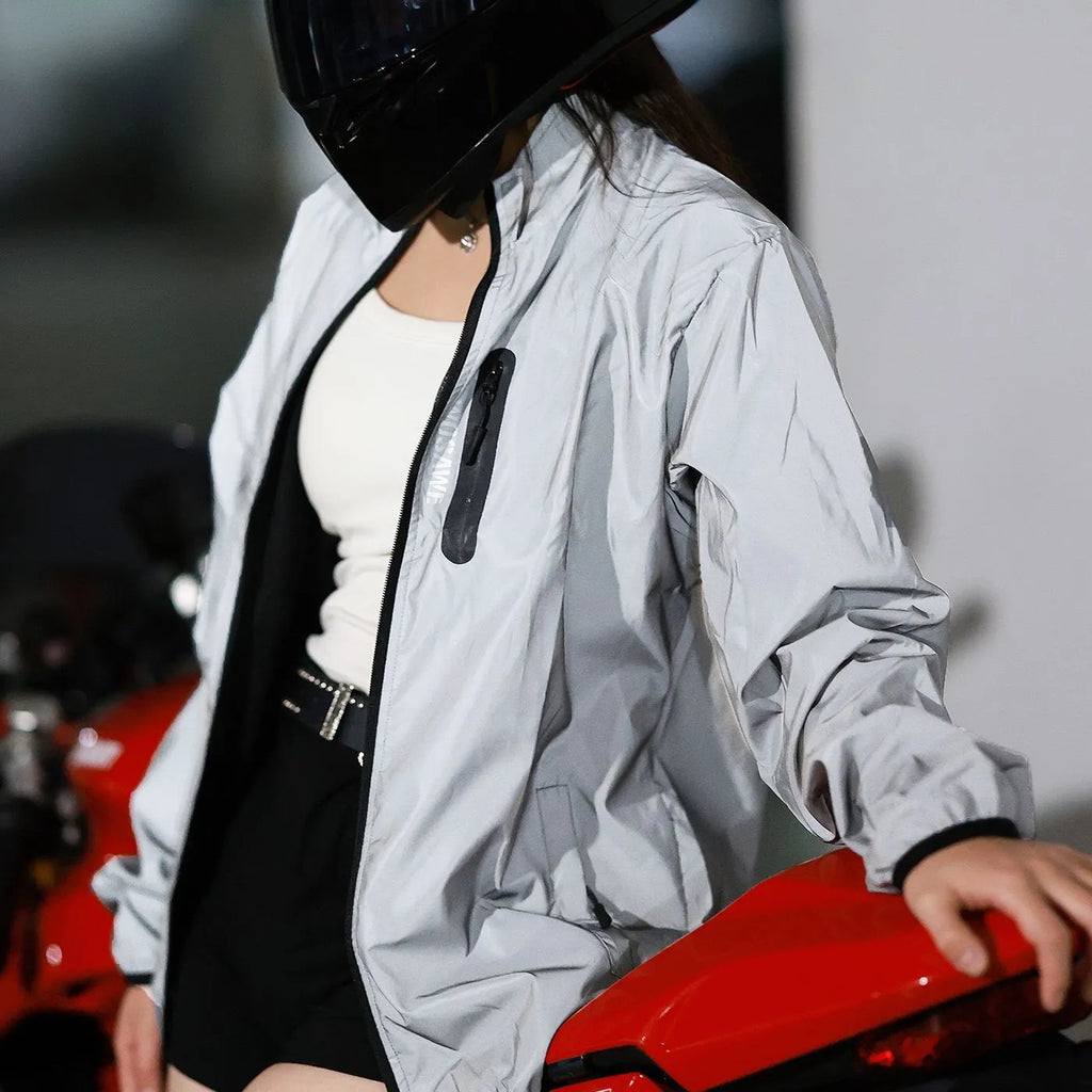 Silver waterproof polyester long sleeve windproof jacket showing size options