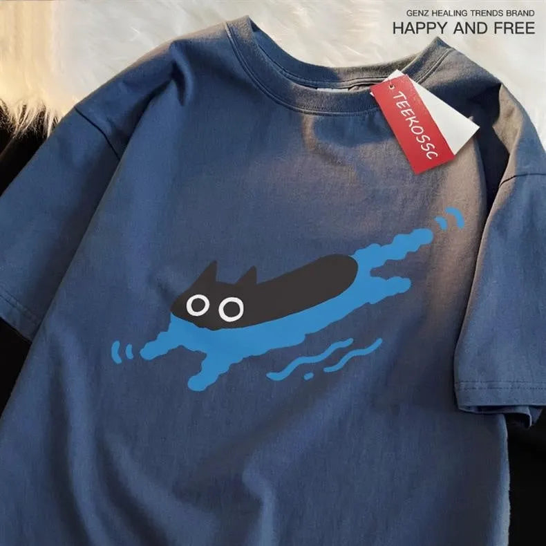 Black diving cat graphic print on a women's pure cotton short sleeve t-shirt, shown in multiple colour options.