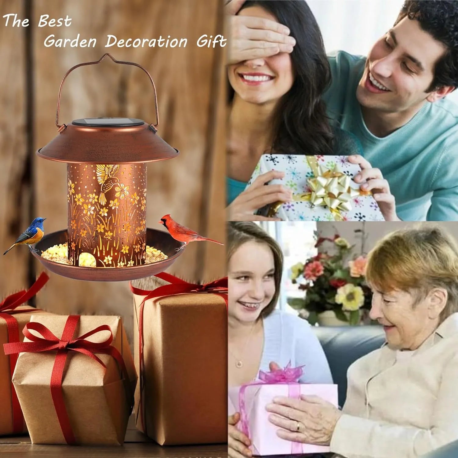 Solar-powered iron art garden lamp and bird feeder with hummingbird pattern design.