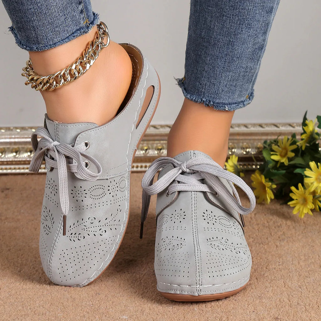 Women's lace-up wedge slippers with hollowed-out design in suede and rubber construction