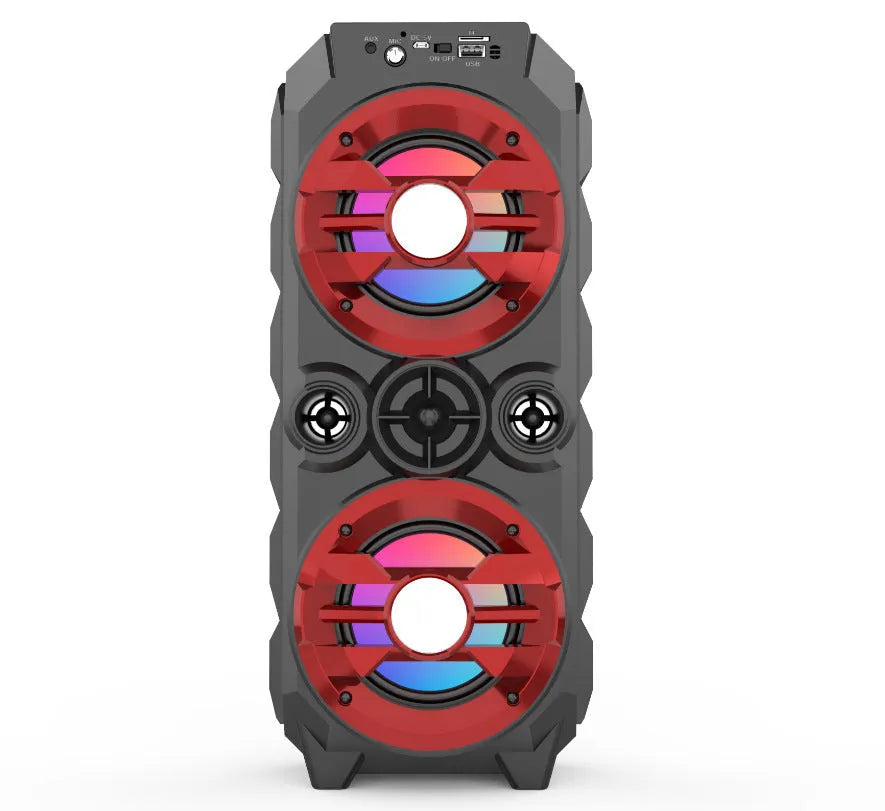 Portable Bluetooth speaker with pull rod, colourful lights, USB rechargeable, available in blue, red, and silver grey