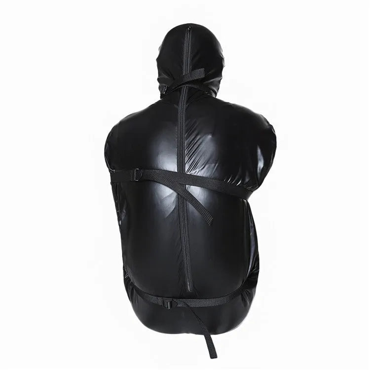 Black patent leather bondage set with full body wrap and six ratcheting tie down straps