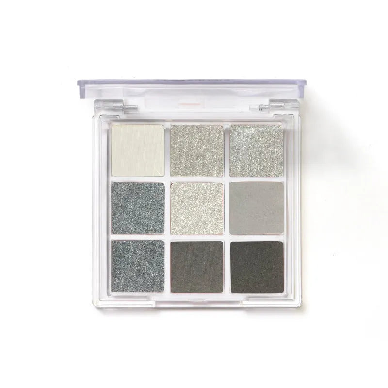 INS style nine-colour eyeshadow palette with smoked shades including white, silver, black, and iron grey.