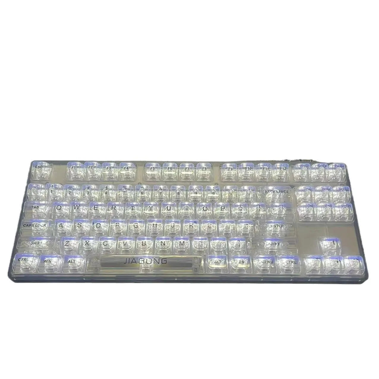 Transparent plastic mechanical keyboard key cap set with 132 pieces arranged for full keyboard coverage