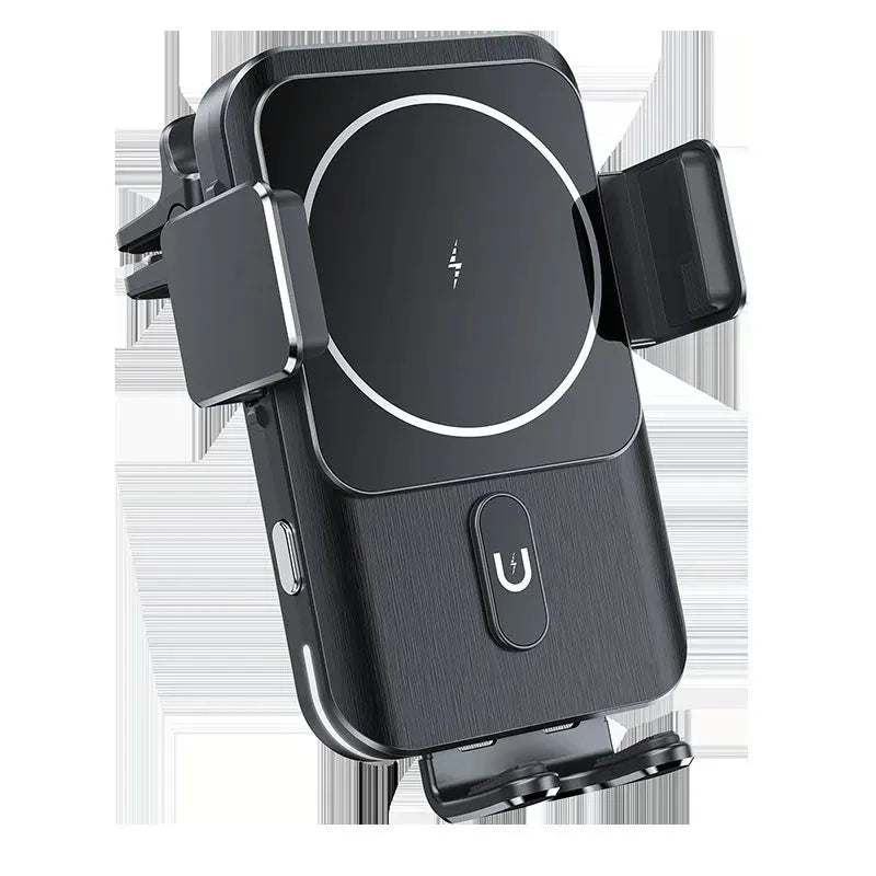 Car wireless charger phone holder with 15W charging in black with suction cup or clip mounting options