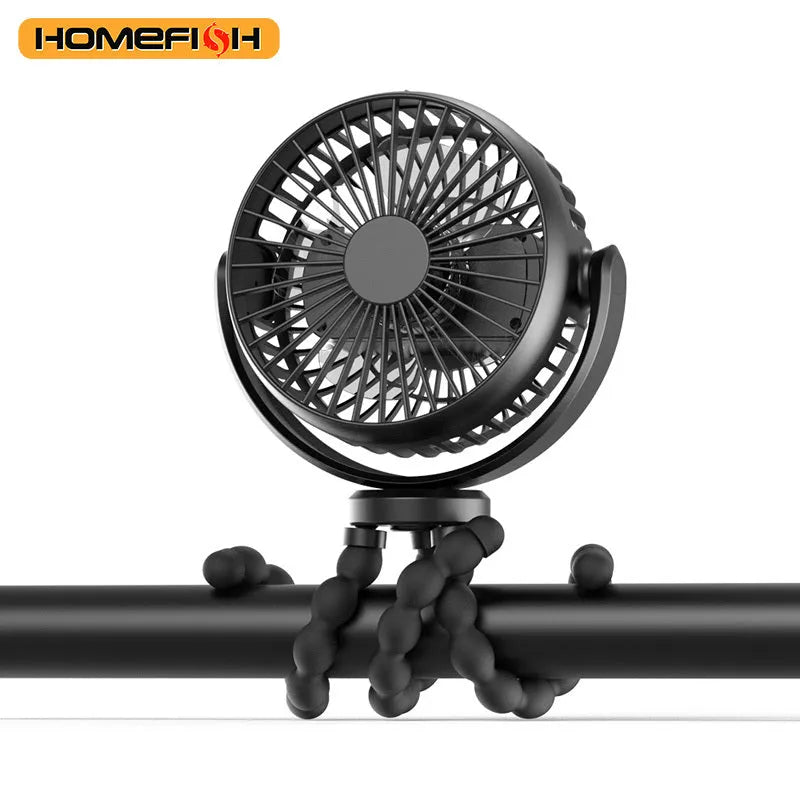 HOMEFISH portable fan with bracket, showing F1 and F2 models with removable mesh and LED light.