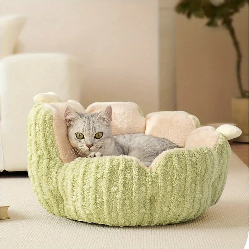 Green or purple cactus-shaped soft pet kennel for cats and dogs, shown in large and small size options.