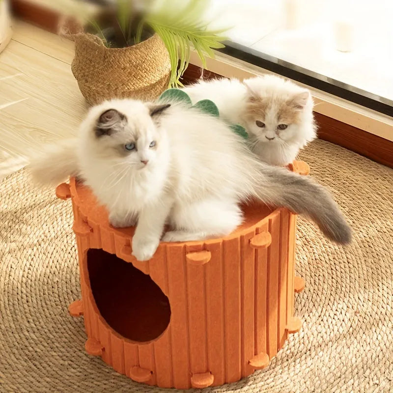 Orange felt carrot-shaped cat nest tunnel with a circular entrance hole, shown in two size options.