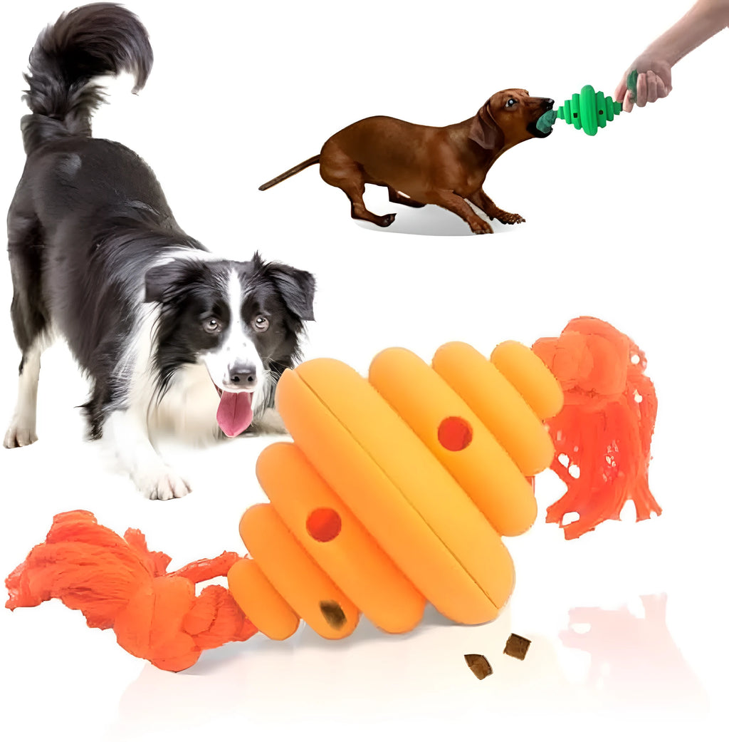 Large green and yellow dog ball with rope attachment for interactive play and treat dispensing