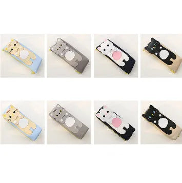 Cat cartoon canvas pencil case, square zipper pouch, 20x8cm, in blue beige grey or black