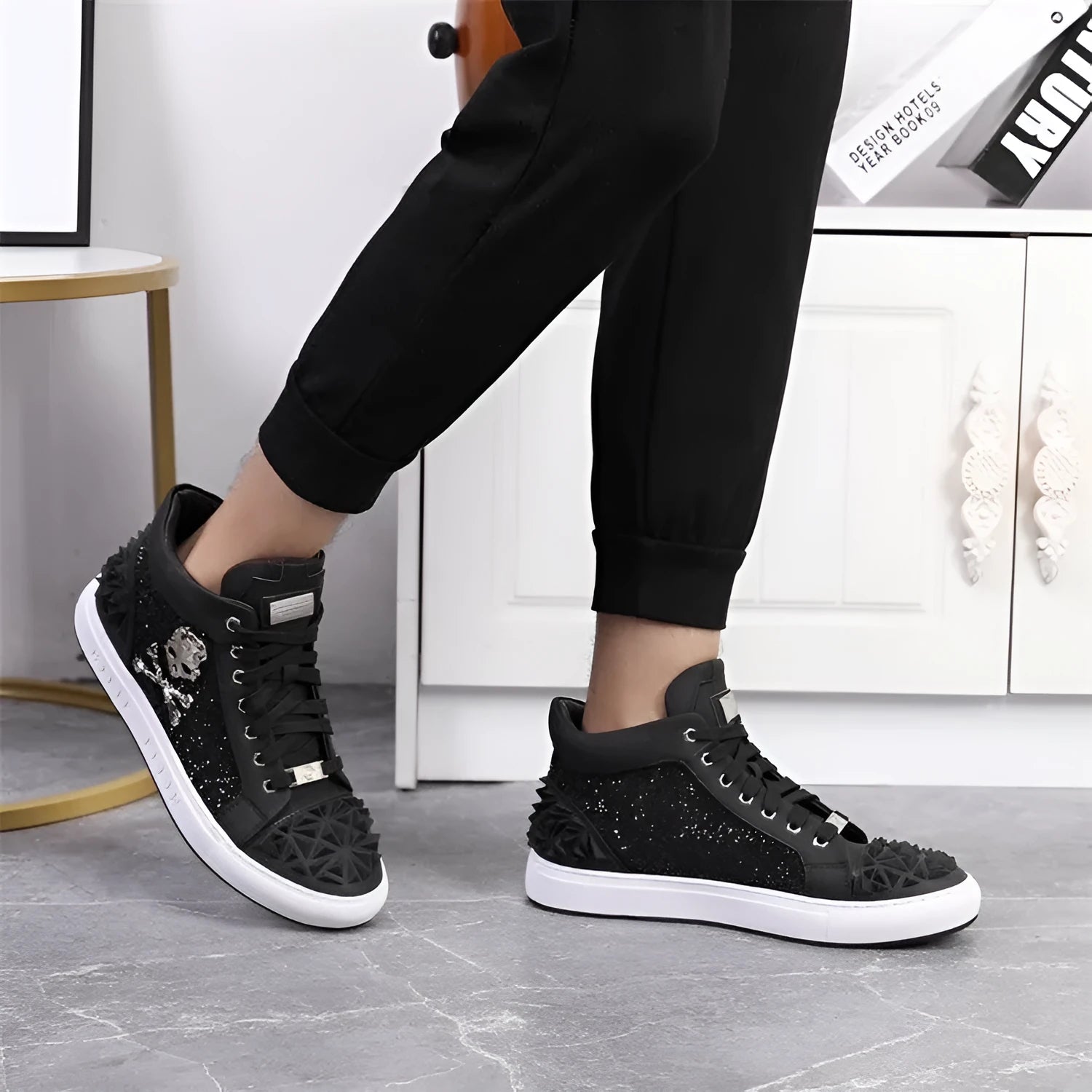 Men's black and red genuine leather skeleton shoes with high-top design and lace closure