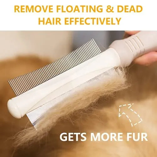 White double sided pet brush with grooming comb and deshedding brush head on an ergonomic handle.