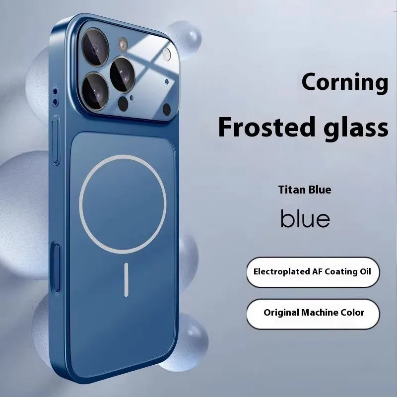 Tempered glass magnetic phone case for iPhone in frosted black, orange, and titanium finishes.