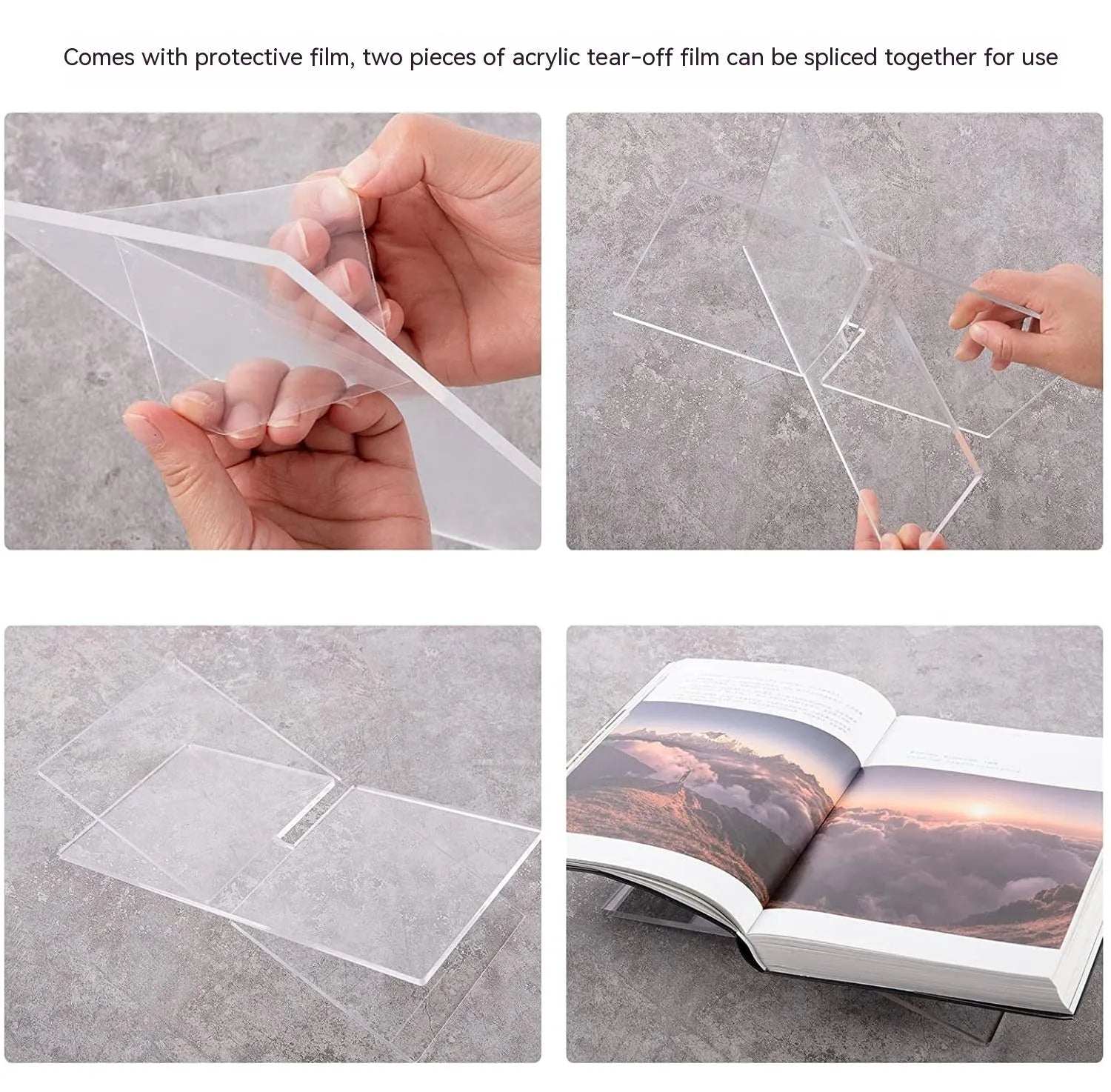Clear acrylic X-shaped book reading rack holding a book on a desk
