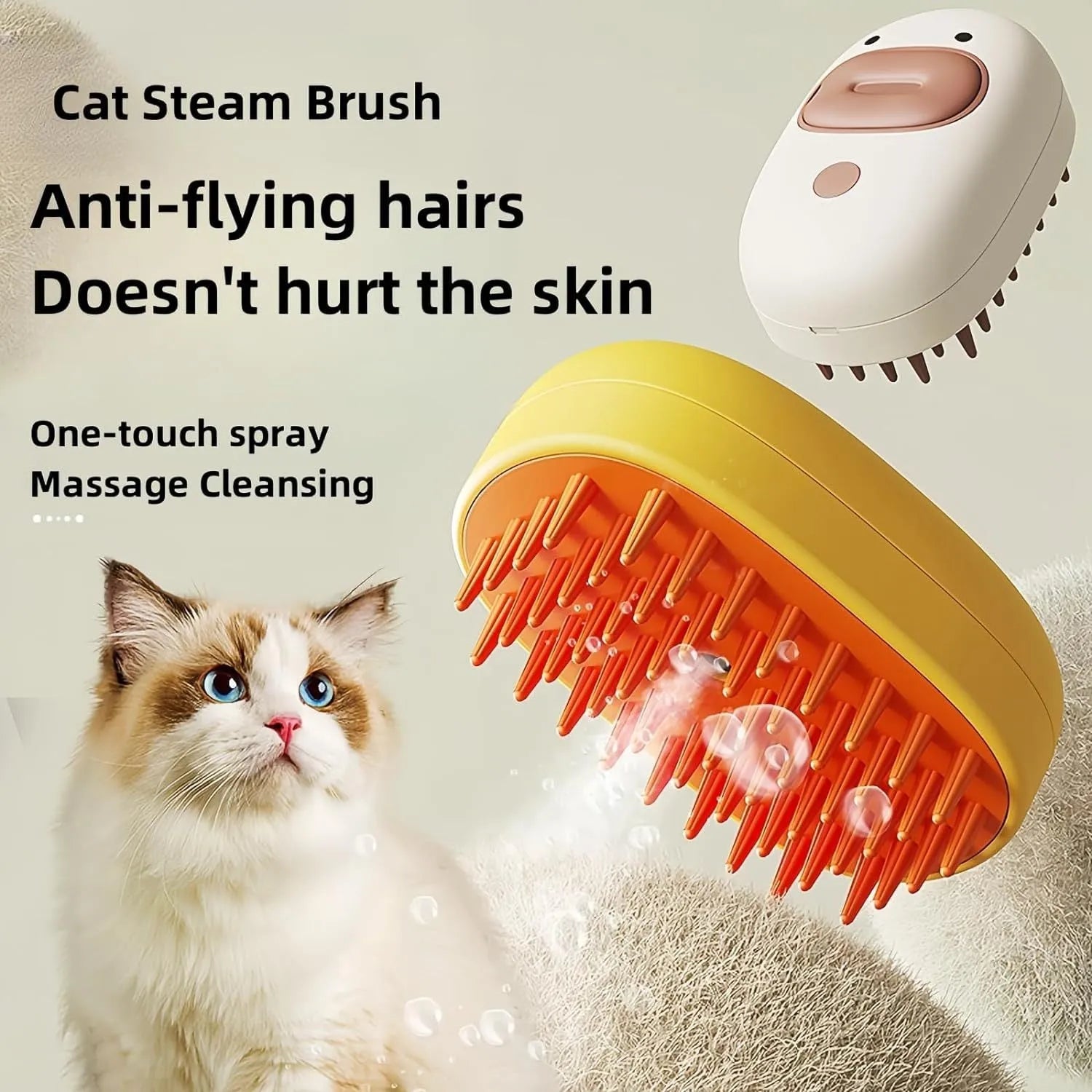 White pet steam brush with silicone teeth for grooming dogs and cats