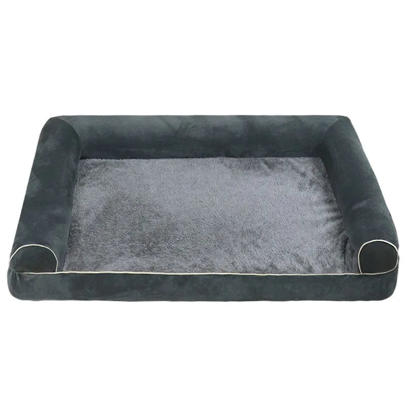 A square cloth-covered dog bed with sponge filling, shown in a blue colour.
