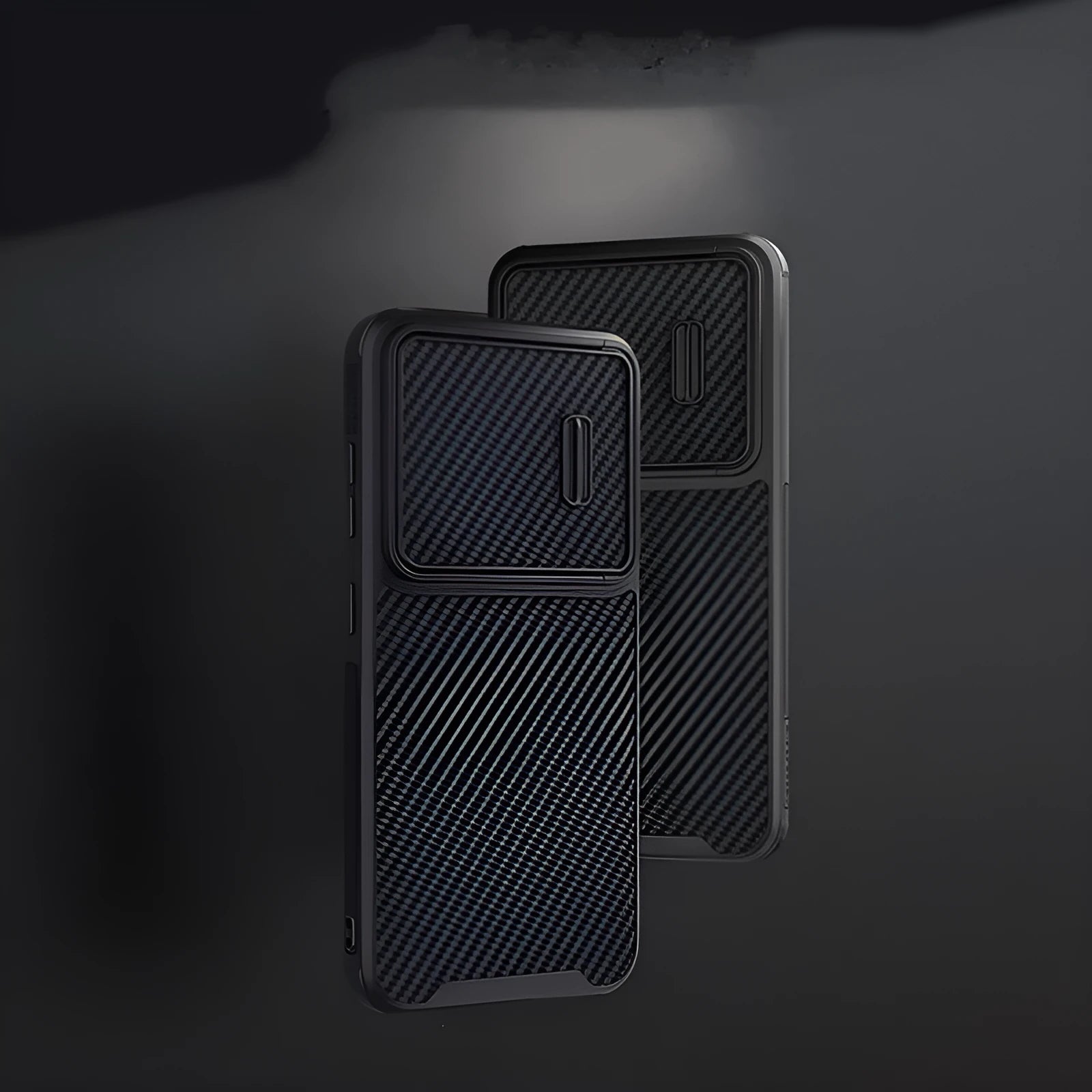 Black Samsung S23 Ultra phone case with a flip-up camera lens cover, showing TPU and carbon fibre materials.