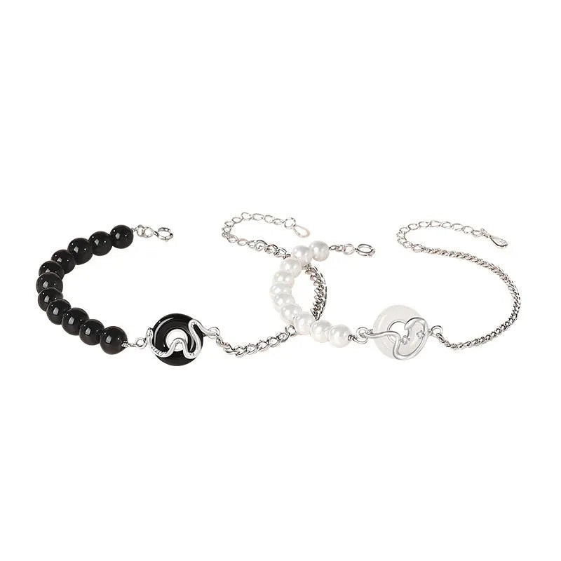 925 sterling silver Chinese obsidian pearl bracelet with safety buckle and zodiac snake design for couples