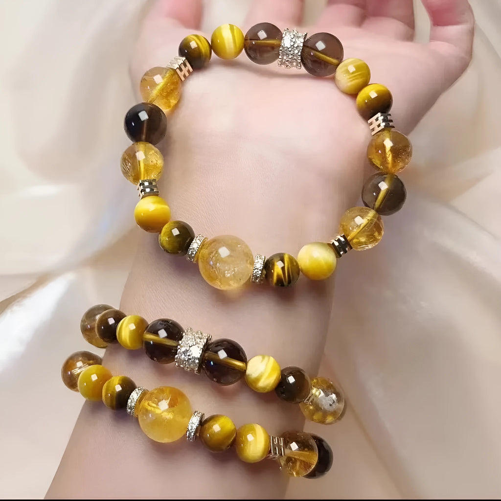 Women's natural style yellow tower crystal bead bracelet with 10mm Jinba large beads on wrist
