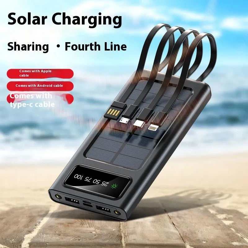 Black and white solar power bank with charging cable showing 20000mAh capacity and solar panel