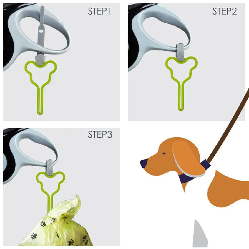 A durable dog poo bag holder with a black Velcro strap, shown attached to a dog lead.