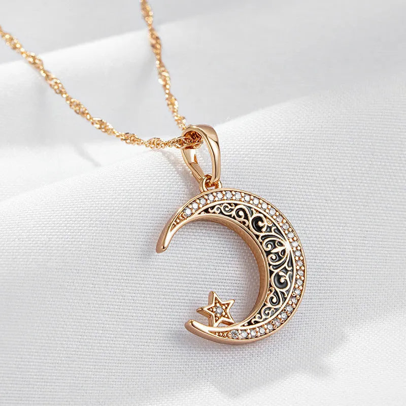 Rose gold star and moon necklace with zircon and enamel pendant on water wave chain