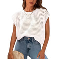White loose-fit pullover sweater with crochet detail on long sleeves and a round neck