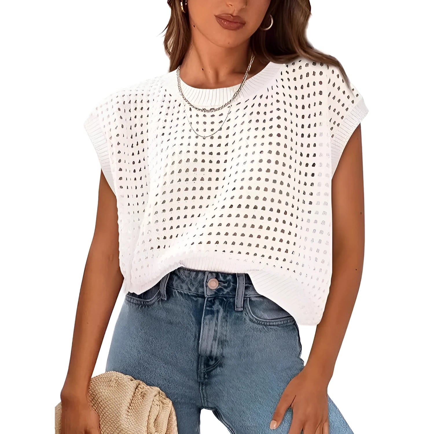 White loose-fit pullover sweater with crochet detail on long sleeves and a round neck