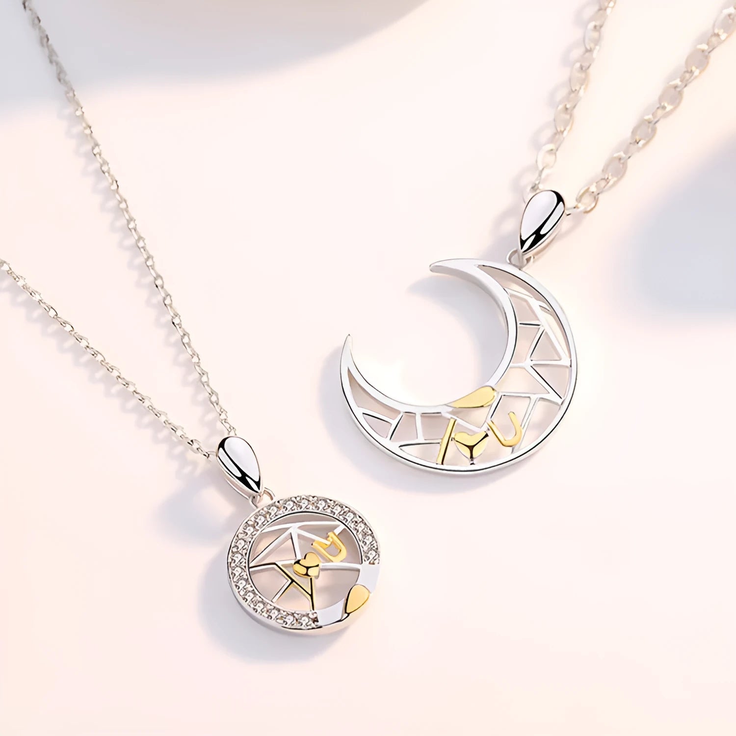 Sun moon copper couple necklace with cross chain and electroplated finish