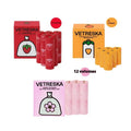 A dog waste bag dispenser capsule with a roll of scented bags in strawberry, orange, and cherry blossom design options.