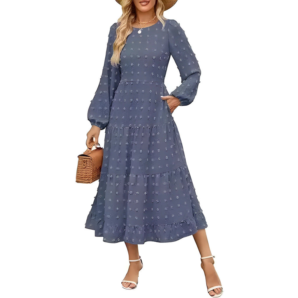 Women's long sleeve autumn dress with ruffle sleeves and high waist in a solid colour.