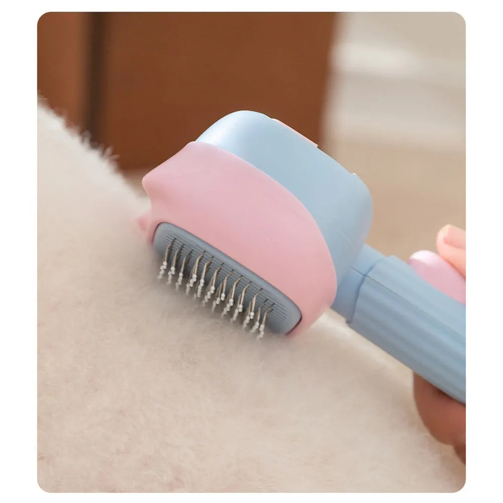 Blue and green dual-sided pet grooming brush showing deshedding rake and dematting comb.