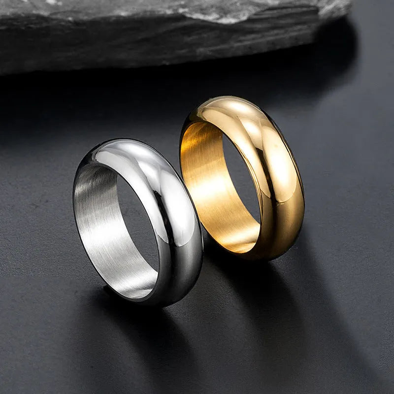 Electroplated titanium steel ring in glossy gold, black or steel colour on size display