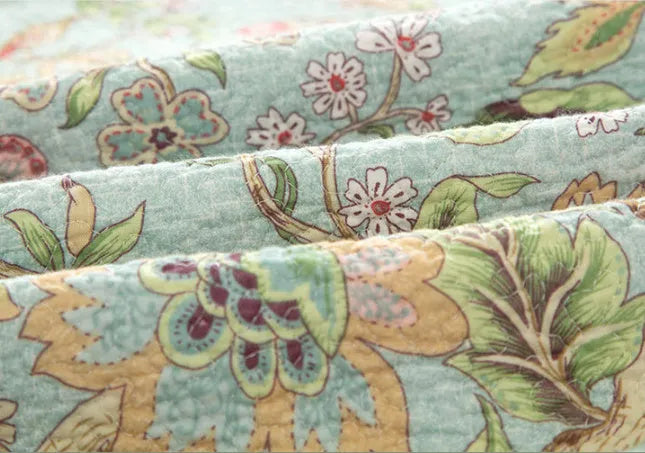 Blue American flower and bird pattern cotton bedspread set with three pieces