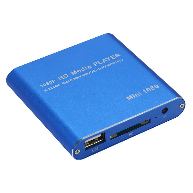 Compact blue 1080P HDMI media player with SD card and USB ports