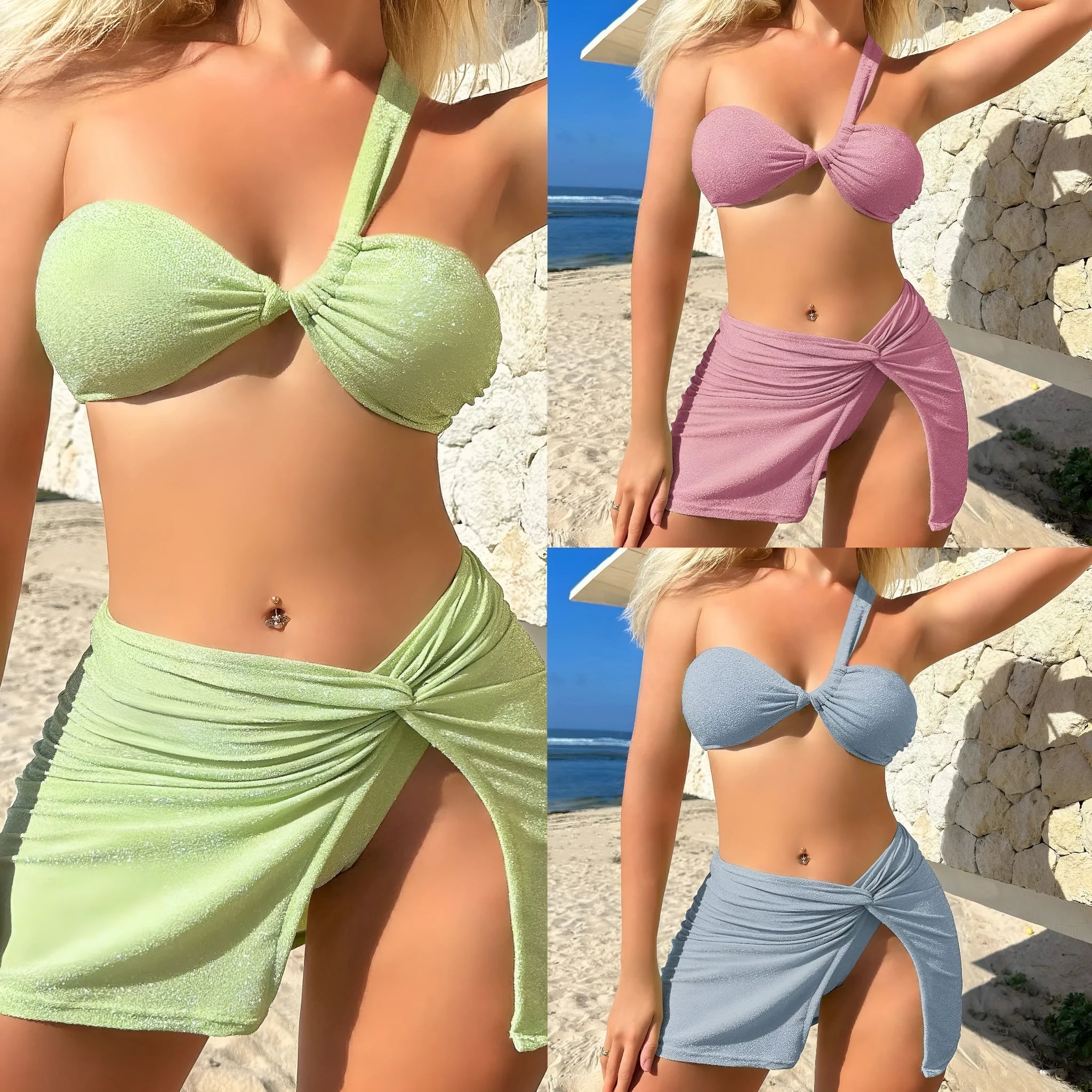 Women's one-shoulder tube top three-piece swimsuit set in glossy polyester fabric