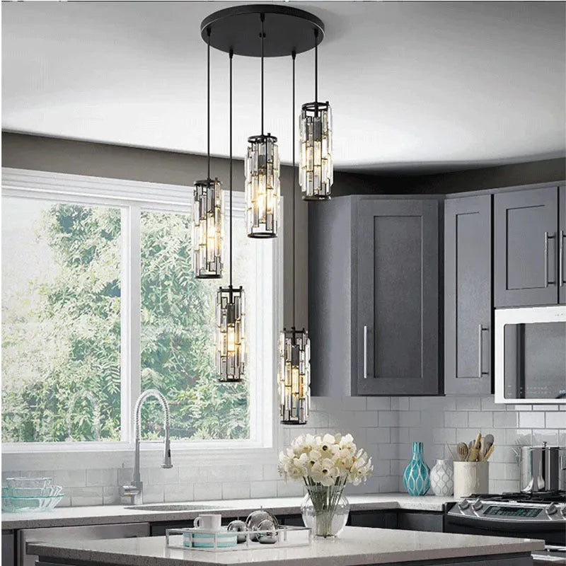 Single head industrial style crystal LED droplight in black, chrome, or gold finish