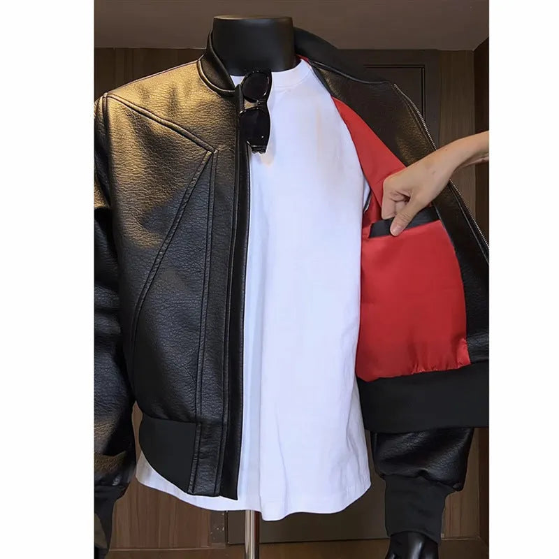 Men's extended length black PU leather jacket with a tight-fitting business casual style