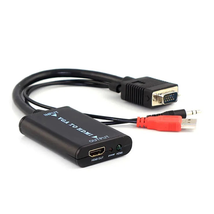 Black VGA to HDMI converter with USB cable for audio and power, showing 15cm converter length