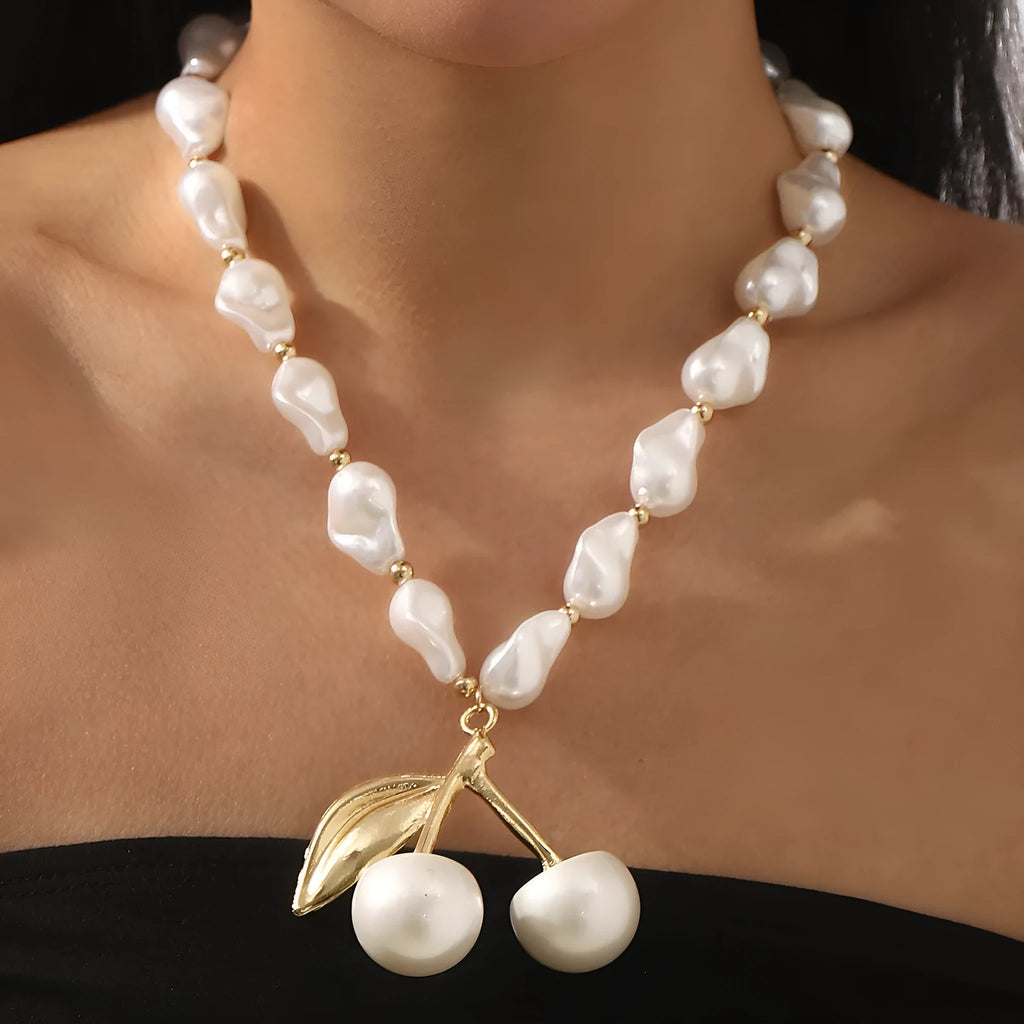 Women's irregular pearl cherry fruit necklace with gold or white K electroplated finish and adjustable 51cm-60cm length