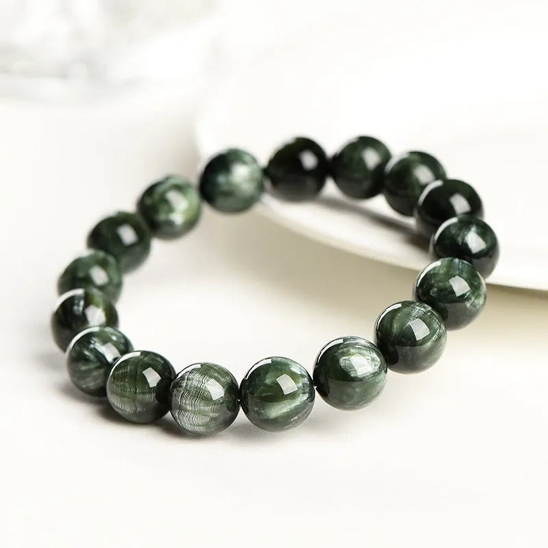 Natural green Grade 7A Green Dragon Crystal bracelet with 8-9mm round beads and Ruyi elements