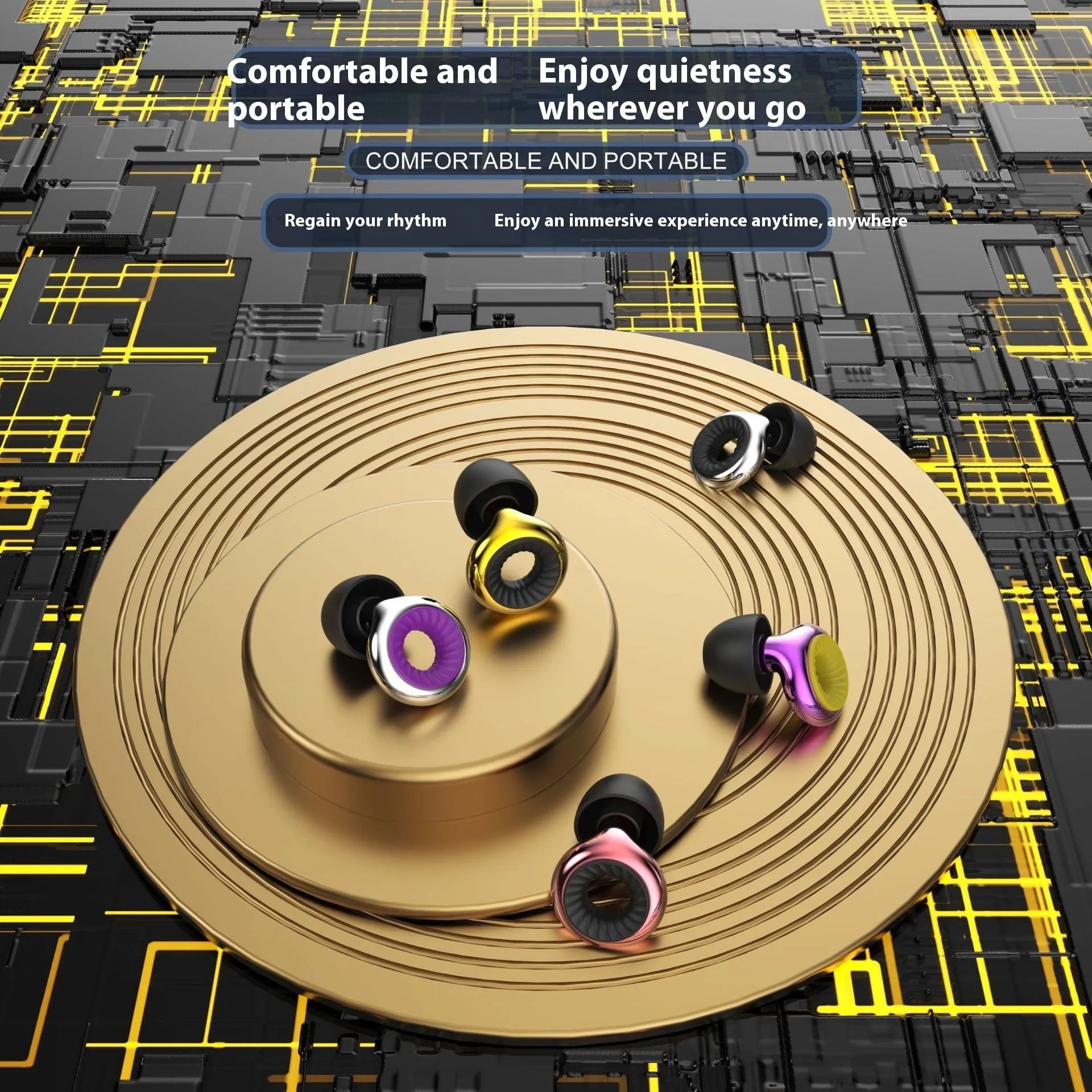 Noise reduction sleep earplugs in gold, silver, transparent, purple and rose gold colours with storage box.