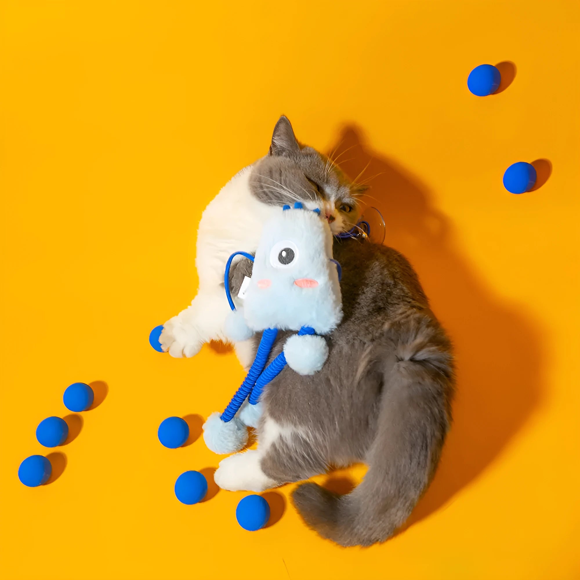 Blue telescopic cat wand toy with plush ring and bell on elastic cord