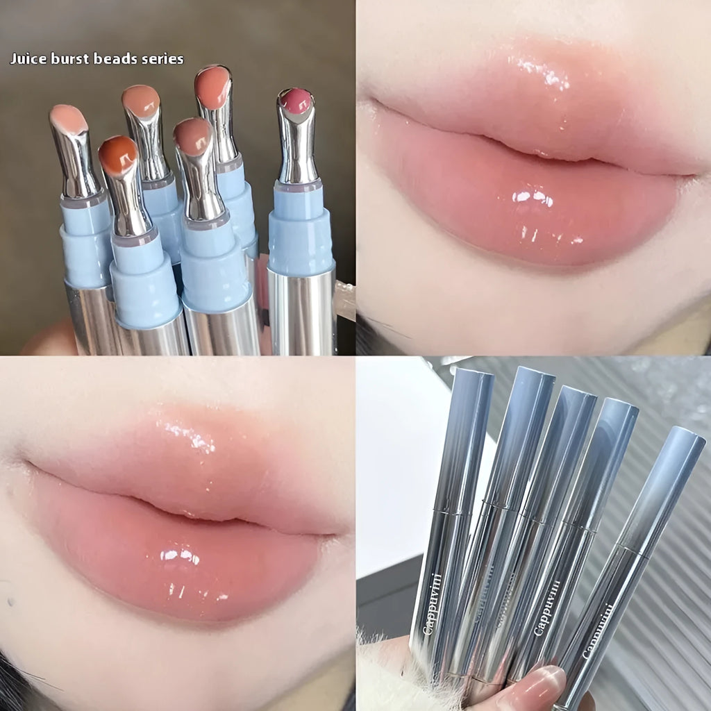 Mirror Water Light lipstick in six ice colours showing 12.9cm length and semi-transparent finish