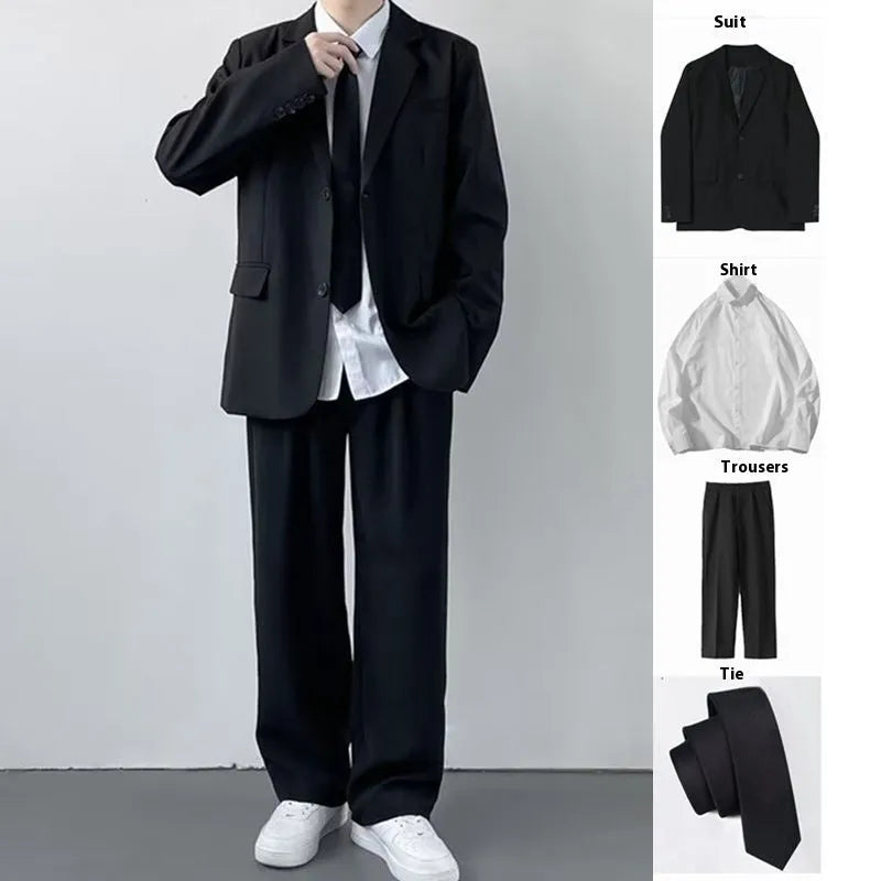 Men's plus size college style suit set including jacket, trousers, white shirt and tie in loose fit design