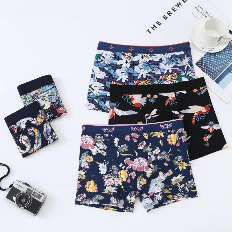 Men's purified cotton boxer shorts in mid waist style with U-shaped convex design, shown in multiple colours.